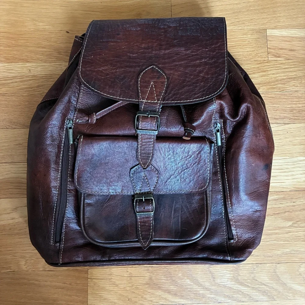 Vintage Leather Medical Bag Backpack Adjustable Straps Interior Lined Dark Brown